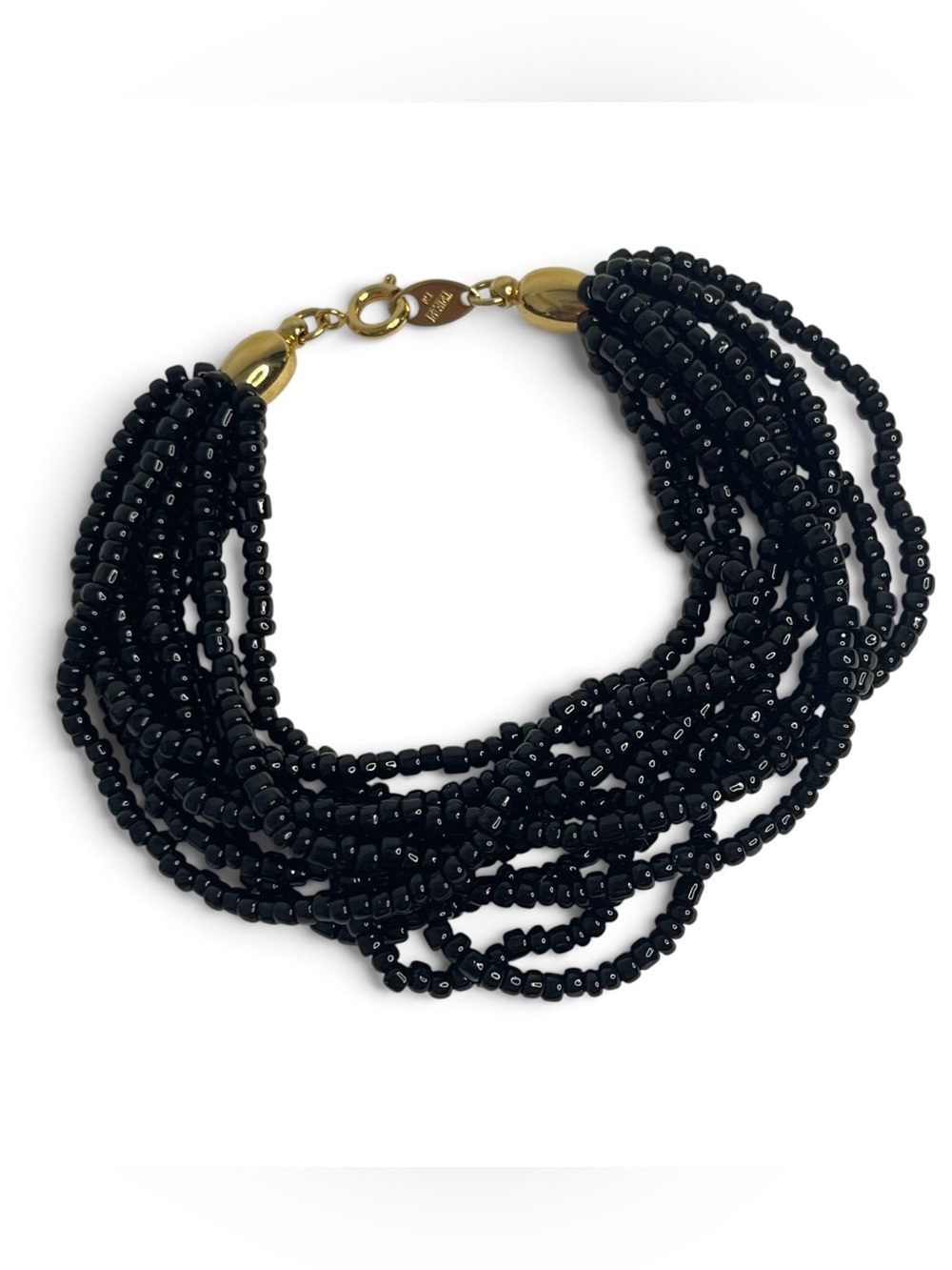 Vintage 90s Trifari Bracelet 10 Strand Beaded Black Glass Seed Beads Gold Tone